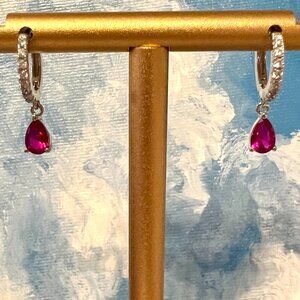 Sterling Silver and CZ Hoops with Lab Grown Ruby Drop - stamped .925